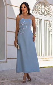 Vestido Midi Alfaiataria Com Decote Reto E Aplicação Flor
