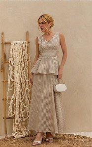 Vestido Midi Tricoline Listrado Com Peplum