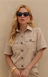Camisa Manga Curta Twill Com Bolsos e Pesponto