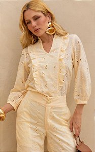 Blusa Decote em V com Babados Frontais Em Laise