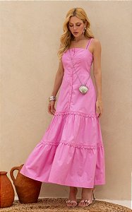 Vestido Midi Tricoline Botões Frontal