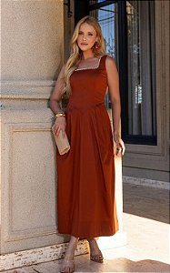 Vestido Midi Em Tricoline Com Decote Quadrado