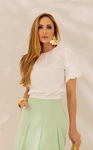 Blusa Em Tricoline Decote Redondo e Mangas Curtas Balone