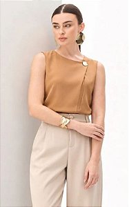 Regata Crepe Com Broche e Recorte Renda Milalai