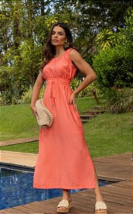 Vestido Midi Em Alfaiataria Com Lastex e Amarração Frontal