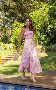 Vestido Midi Floral Em Algodão Com Babados