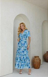 Vestido Midi Tule Floral Com Mangas Curtas e Cinto Faixa