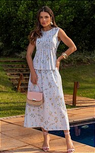 Saia Midi Floral Evasê Com Cós Estruturado
