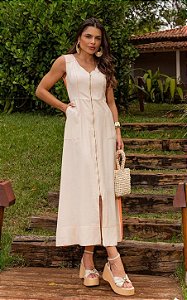 Vestido Midi Bicolor Com Decote V E Zíper Frontal