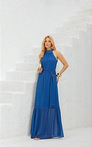 Vestido Longo Chiffon Com Gola Alta E Cinto
