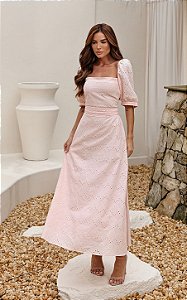 Vestido Midi Decote Reto Em Laise Com Faixa