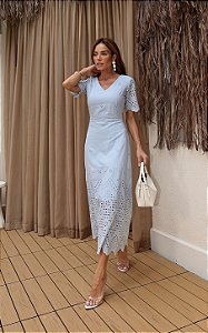 Vestido Midi Em Algodão Bordado Decote V