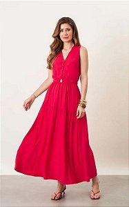 Vestido Midi Em Viscose Com Cinto Elástico e Botões Frontais Milalai