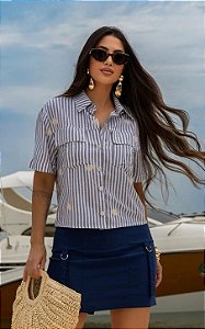 Camisa Cropped Em Bordado E Listras