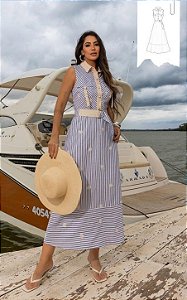 Vestido Midi Em Alfaiataria Listrada E Bordada Com Gola