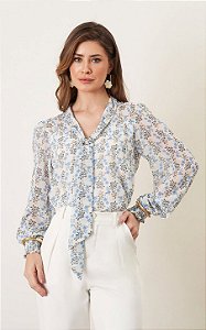 Blusa Gola Laço Floral Manga Longa Milalai
