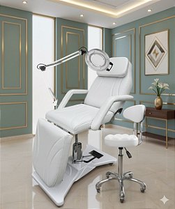 KIT MACA POLTRONA HIDRÁULICA PARA ESTÉTICA VARIAS CORES + MOCHO COM ENCOSTO + LUPA EM LED DE ALUMINIO + PLASTIFICAÇÃO