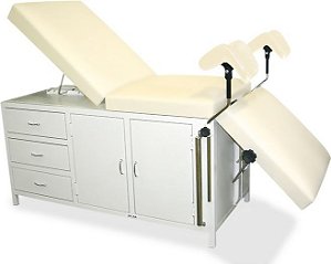 Mesa Ginecológico de Aço Completa com  Suporte de Lençol, Bandeja de Fluídos e Suporte p/ Colposcópio