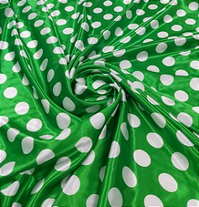 Tecido Cetim Estampado Verde Bolas Brancas 1,40m Festas e Fantasias