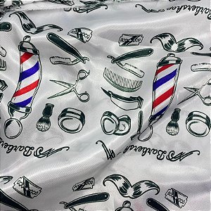 Tecido Cetim Estampado Barbearia Branco 1,40m Festas e Fantasias