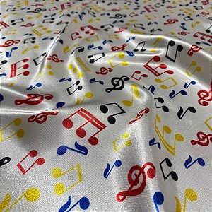 Tecido Cetim Estampado Notas Musicais Coloridas 1,40m Festas e Fantasias