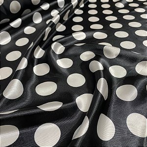 Tecido Cetim Estampado Preto Poá Branco 1,40x1,00m Festas Roupas