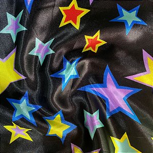 Tecido Cetim Estampado Preto Estrelas Coloridas 1,40m Festas e Fantasias