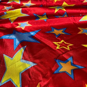 Tecido Cetim Estampado Vermelho Estrelas Coloridas 1,40m Festas e Fantasias