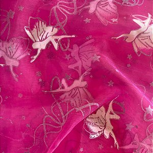 Tecido Organza Cristal Estampado Fadinha - 1,45x1,00m Pink