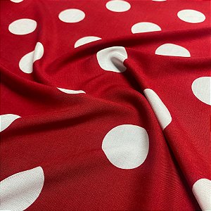 Tecido Estampado 100% Viscose Vermelho Poá Branco 1,45