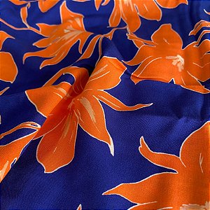 Tecido Estampado 100% Viscose Azul Flores Laranjas 1,45m
