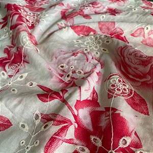 Tecido Lese Bordada Floral Rosa 1,35x1,00m 100% Algodão Laise