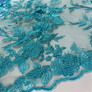 Tule Bordado Azul Tiffany 1,35x1,00m Floral 3D Festas