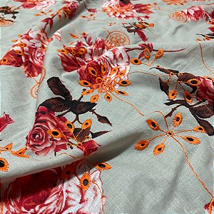 Tecido Lese Bordada Floral Vermelho e Laranja 1,35x1,00m 100% Algodão Laise