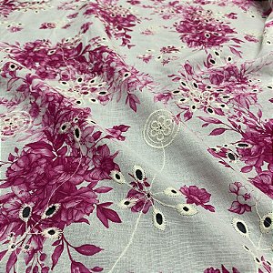 Tecido Lese Bordada Floral Rosa 1,35x1,00m 100% Algodão Laise