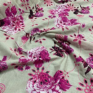 Tecido Lese Bordada Floral Rosa Neon 1,35x1,00m 100% Algodão Laise