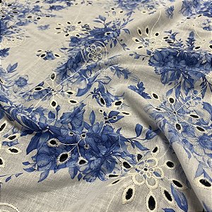 Tecido Lese Bordada Floral Azul Claro Grécia1,35x1,00m 100% Algodão Laise