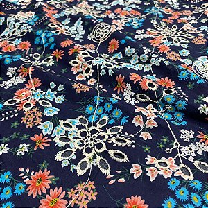 Tecido Lese Bordada Floral Azul Marinho 1,35x1,00m 100% Algodão Laise