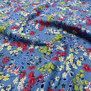 Tecido Lese Bordada Floral Azul Celeste 1,35x1,00m 100% Algodão Laise