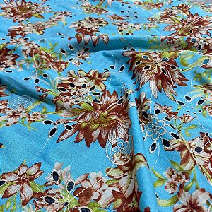 Tecido Lese Bordada Azul Tiffany Floral Bege 1,35x1,00m 100% Algodão Laise