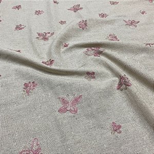 Tecido Linho Natural Cru Bordado Borboletas Rosa Bebê 1,60x1,00m Para Vestidos Feminos