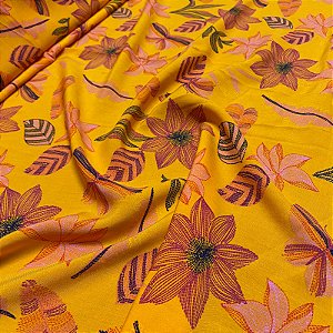 Tecido Estampado 100% Viscose Amarelo Floral Neon 1,45m Vestido Feminino