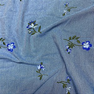 Tecido Denim Bordado Jeans Florzinha Azul 1,30m Para Roupas Conjuntos Femininos