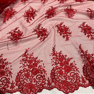 Tule Bordado Vermelho Modelo Gabriela 1,35x1,00m Fios 3D