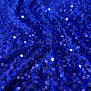 Tecido Veludo Bordado com Paetê Azul Royal 1,50x1,00m Para Vestidos de Festa
