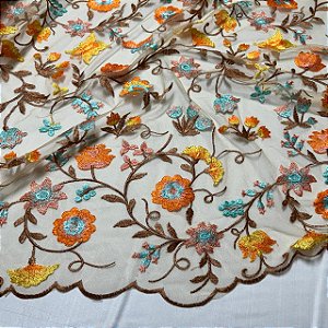 Tule Bordado Coreano Marrom e Laranja Floral Liberty 1,30x1,00m Fios 3D