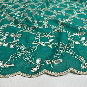 Tecido Lese Bordada Verde Tiffany Estampa Folhas Bicolor 1,35x1,00m 100% Algodão Laise