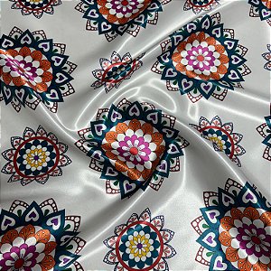 Tecido Cetim Estampado Branco Mandala Indiana 1,40m Festas e Fantasias