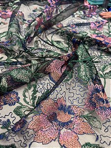 Tule Bordado Coreano Floral Liberty 1,30m Fios 3D Para Vestidos Femininos