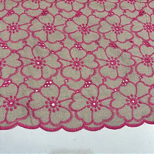 Tecido Linho Natural Bordado Natural Flores Rosa 1,30m Para Vestidos Feminos